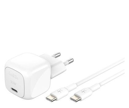 Ładowarka i akumulator Belkin Ładowarka USB-C PD 30W, mała, biała + kabel USB-C